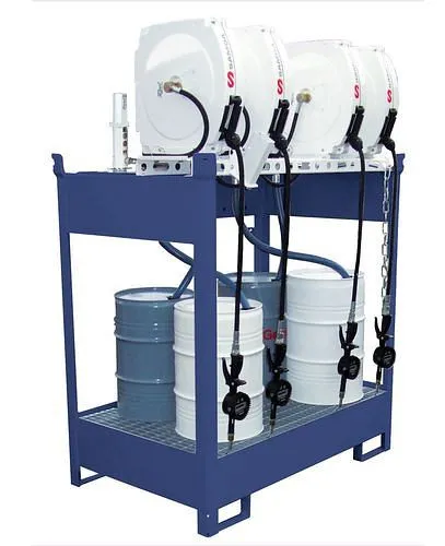 Stazione petrolifera DENIOS DPO-4 vasca 4 pompe ad aria compressa avvolgitubo 10 m 201-602