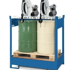 Stazione petrolifera DENIOS EPO-2 vasca 2 pompe elettriche barile avvolgitubo 10 m 201-603