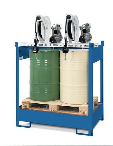 Stazione petrolifera DENIOS EPO-2 vasca 2 pompe elettriche barile avvolgitubo 10 m 201-603