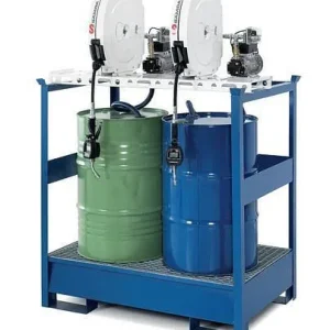 Stazione petrolifera DENIOS EPO-2-Z vasca 2 pompe elettriche barile avvolgitubo chiuso 10 m 201-607
