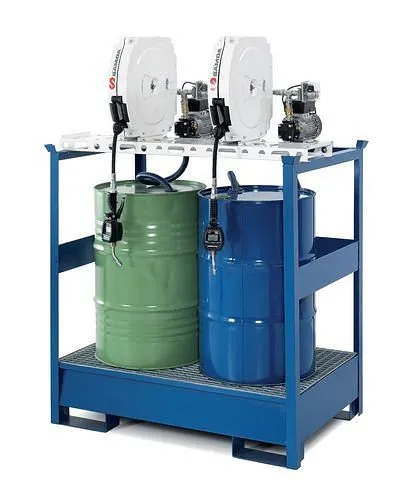 Stazione petrolifera DENIOS EPO-2-Z vasca 2 pompe elettriche barile avvolgitubo chiuso 10 m 201-607