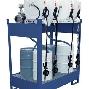 Stazione petrolifera DENIOS EPO-4 vasca 4 pompe elettriche barile avvolgitubo 10 m 201-604