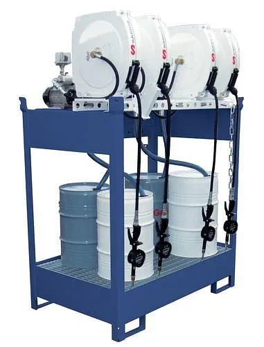 Stazione petrolifera DENIOS EPO-4 vasca 4 pompe elettriche barile avvolgitubo 10 m 201-604