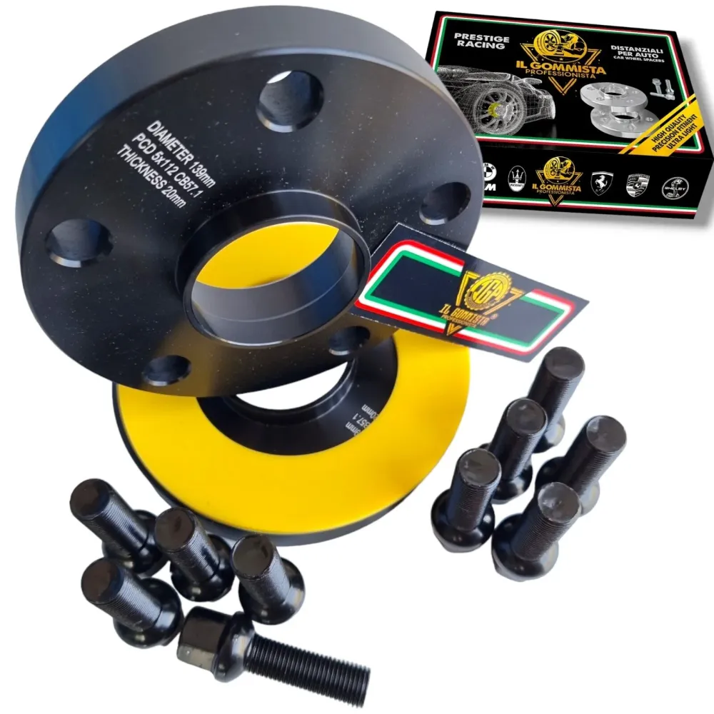 coppia 2 Distanziali Ruote Neri 20 mm + Bulloni Neri compatibili con VW SEAT SKODA CUPRA VAG pcd 5x112 hub 57.1