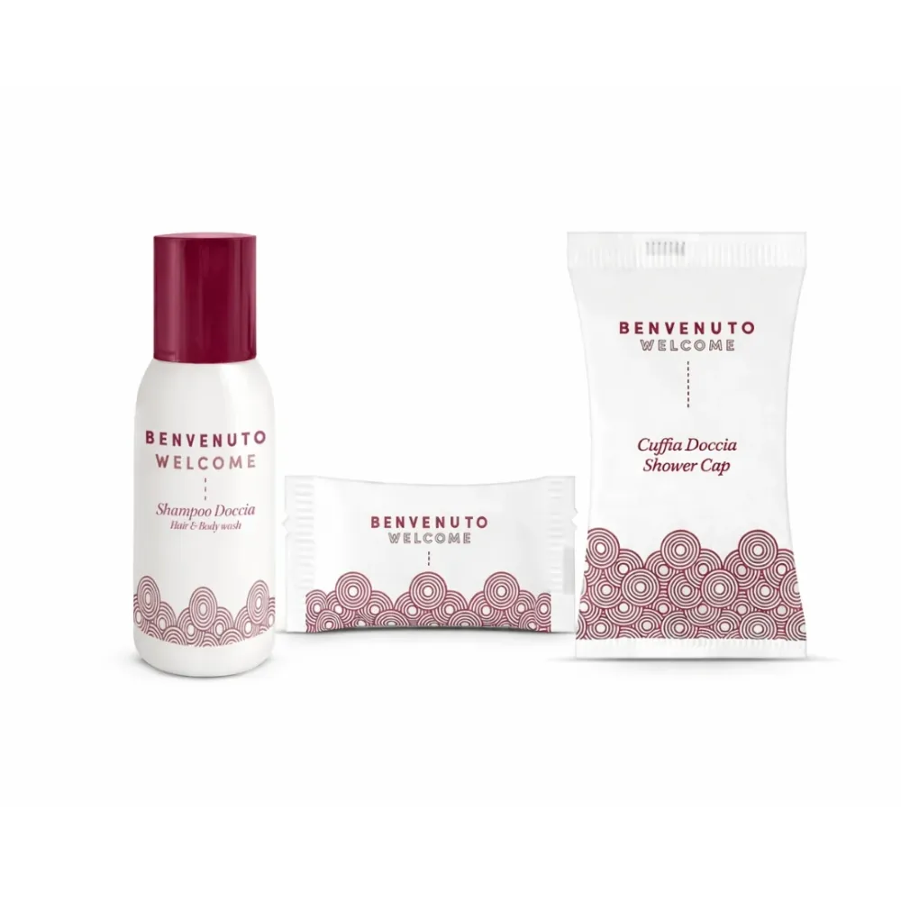 Kit Cortesia Hotel Linea Welcome – Shampoo Doccia, Saponetta e Cuffia Doccia
