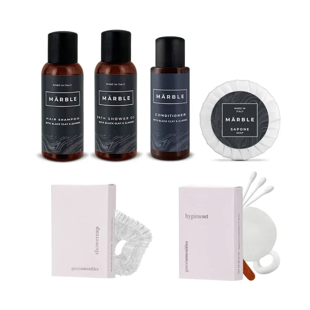 Kit Cortesia Marble Premium con cuffia doccia, set cucito e vanity set