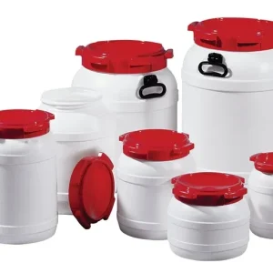 Fusto collo largo ( 9000450107 ) 10,0 l PE bianco con coperchio rosso Apertura di riempimento Ø 204 mm