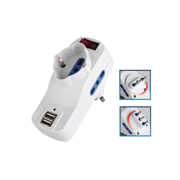 MKC - 492518058 - Adattatore rotante con interruttore - 2 prese bipasso 2P+T 10-16A + 1 presa Schuko + 2 prese USB - MKC -...