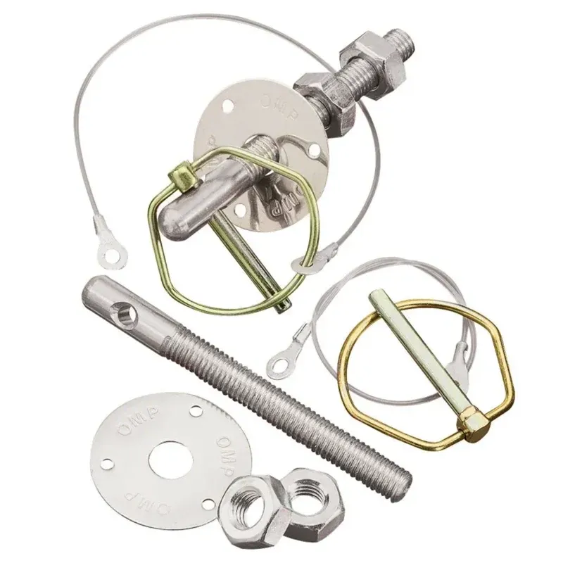 OMP - Coppia di ganci cofano acciaio inox con anello scorrevole e supporto alluminio
