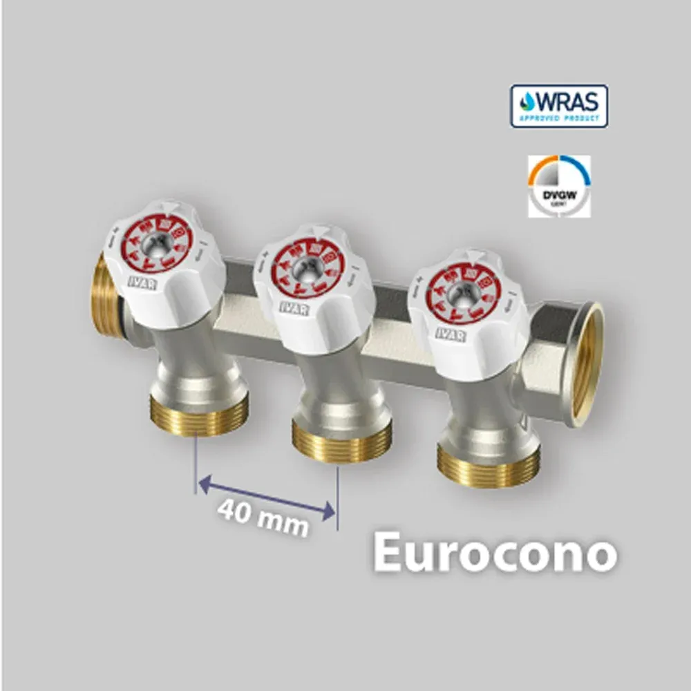 Collettore Lineare Componibile "Easy Lock" Con Rubinetti Di Arresto Inclinati 30° Ivar 3/4" X 2 Vie Eurocono