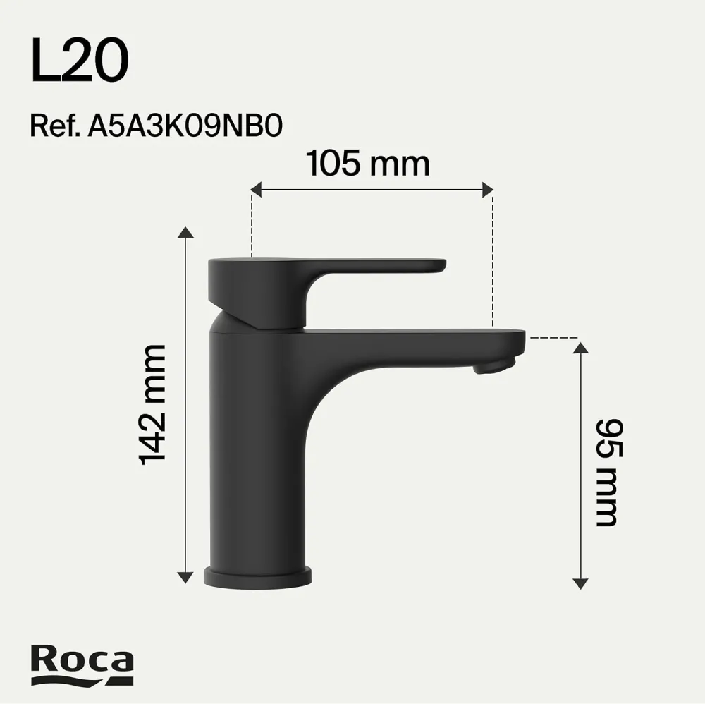 Roca - Lavare il rubinetto per corpo liscio L20 opaco A5A3K09NB0 NERO