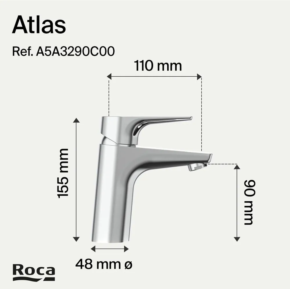 Roca - Miscelatore monocomando cromato per lavabo con corpo liscio Atlas A5A3290C00