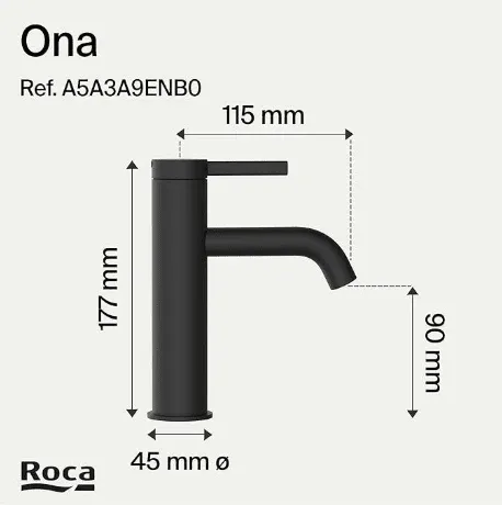 Roca - Mixer Monomanando per il lavandino con scarico di clic e corpo liscio, matto nero a5a3a9enb0