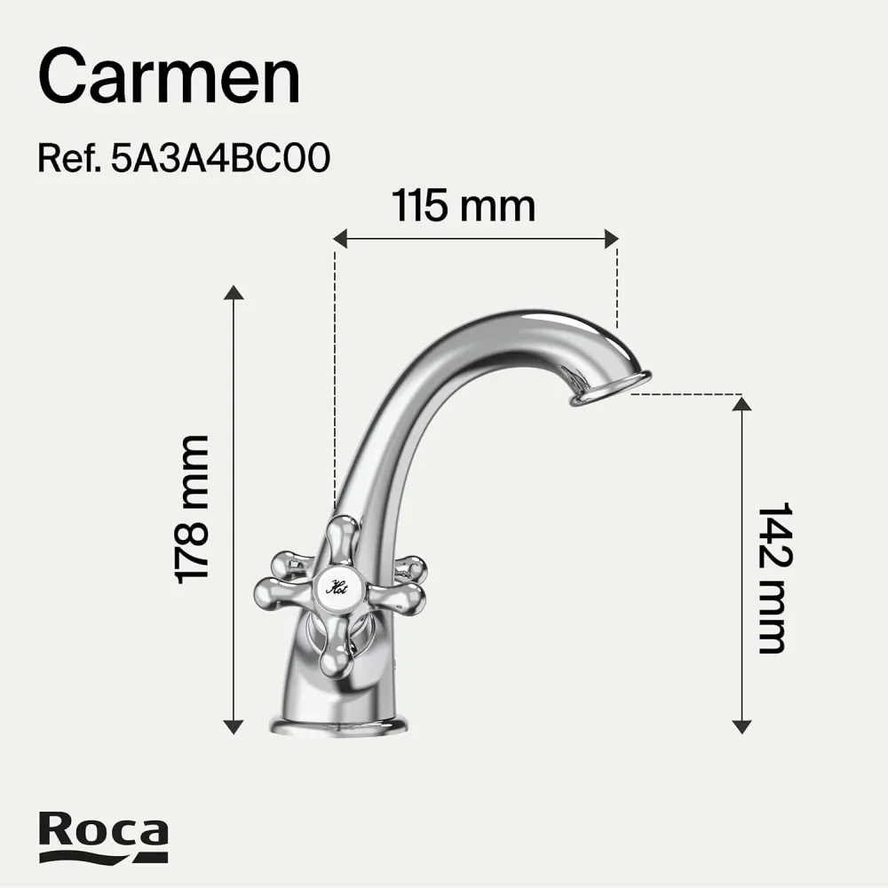Roca - Rubinetto per lavabo bimando cromato Carmen con corpo liscio e scarico click-clack A5A3A4BC00