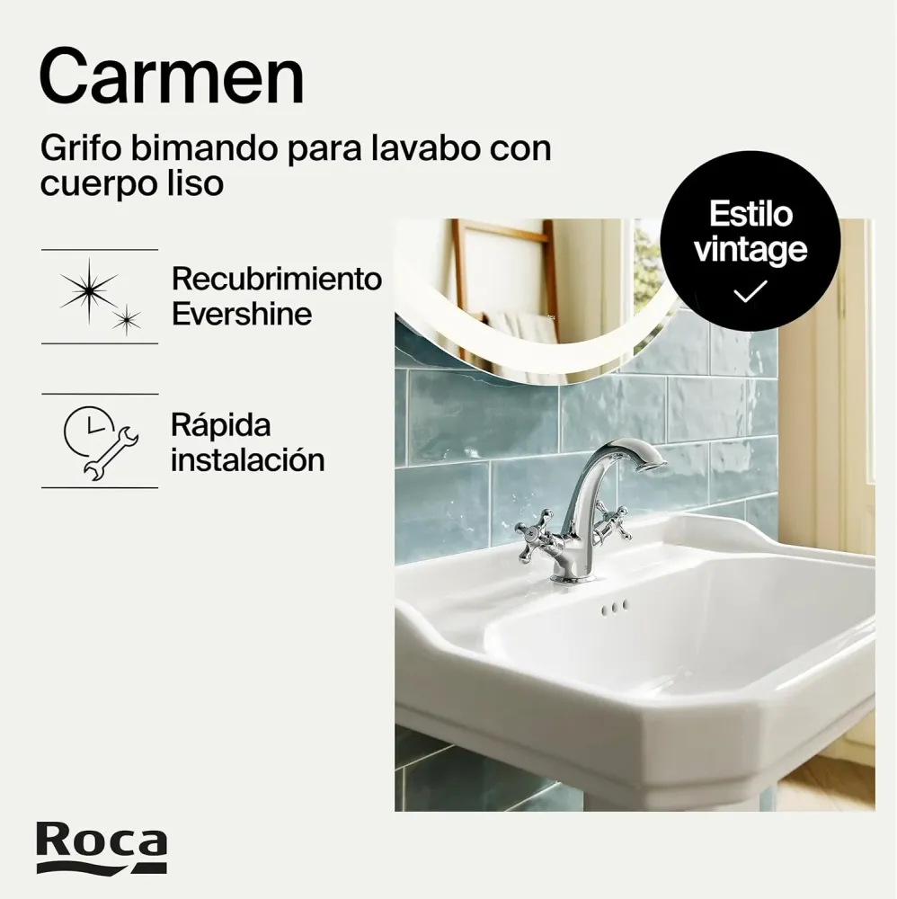 Roca - Rubinetto per lavabo bimando cromato Carmen con corpo liscio e scarico click-clack A5A3A4BC00