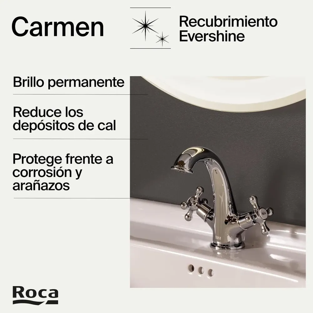 Roca - Rubinetto per lavabo bimando cromato Carmen con corpo liscio e scarico click-clack A5A3A4BC00