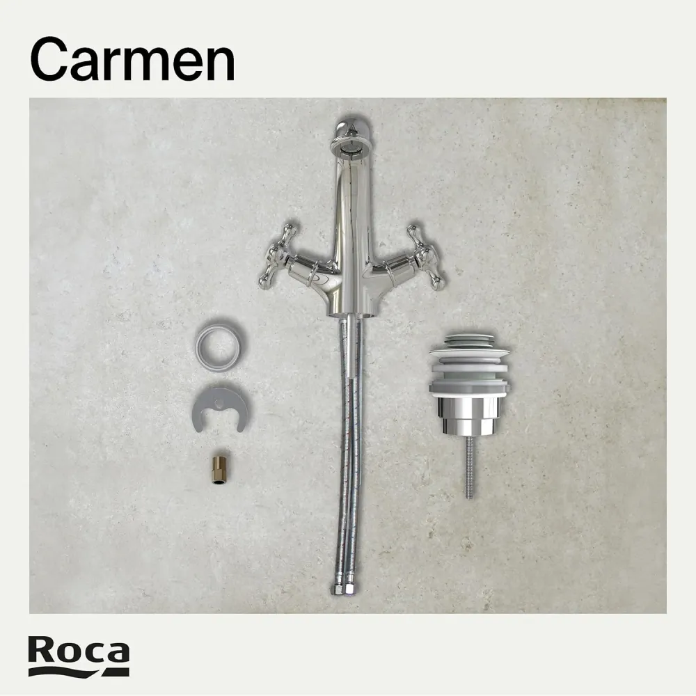 Roca - Rubinetto per lavabo bimando cromato Carmen con corpo liscio e scarico click-clack A5A3A4BC00