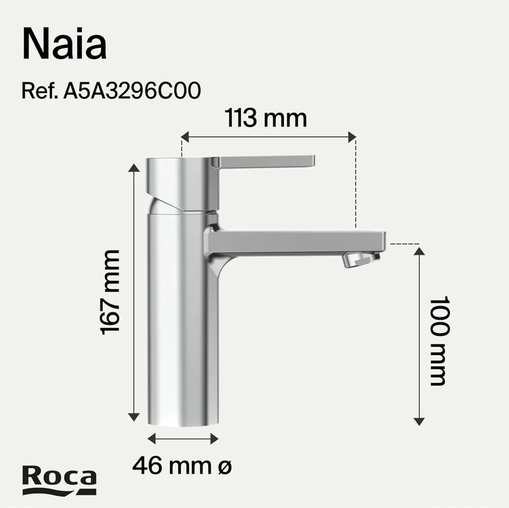Roca - Rubinetto per lavabo cromato con corpo liscio Naia, scarico click-clack e corpo liscio A5A3296C00