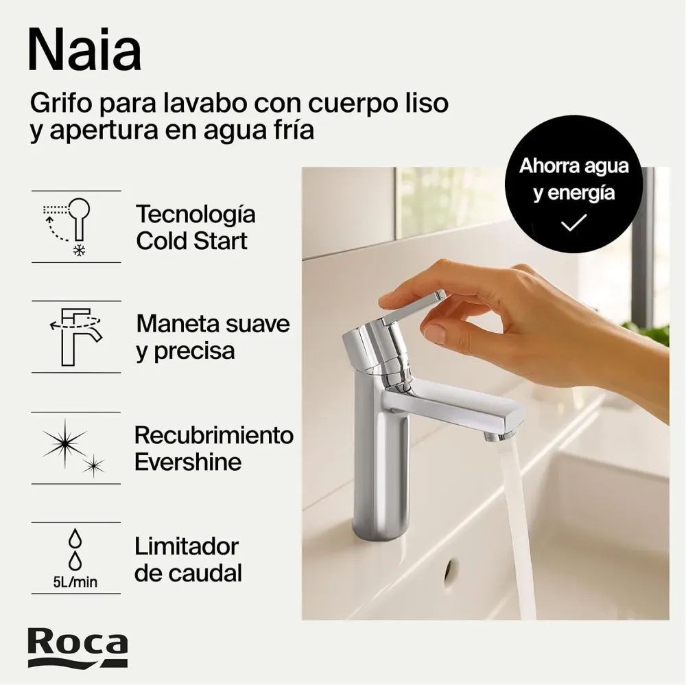 Roca - Rubinetto per lavabo cromato con corpo liscio Naia, scarico click-clack e corpo liscio A5A3296C00
