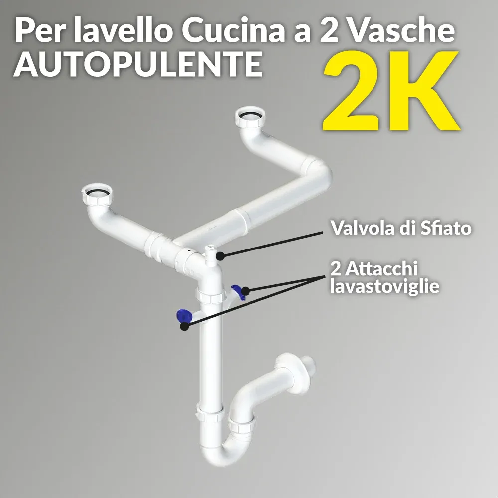 Sifone Per Lavello 2 Vie Salvaspazio Autopulente "2K" 1"1/2 - Dn 40
