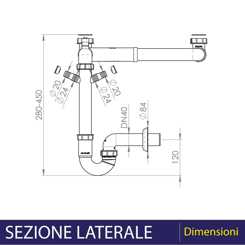 Sifone Per Lavello 2 Vie Salvaspazio Autopulente "2K" 1"1/2 - Dn 40