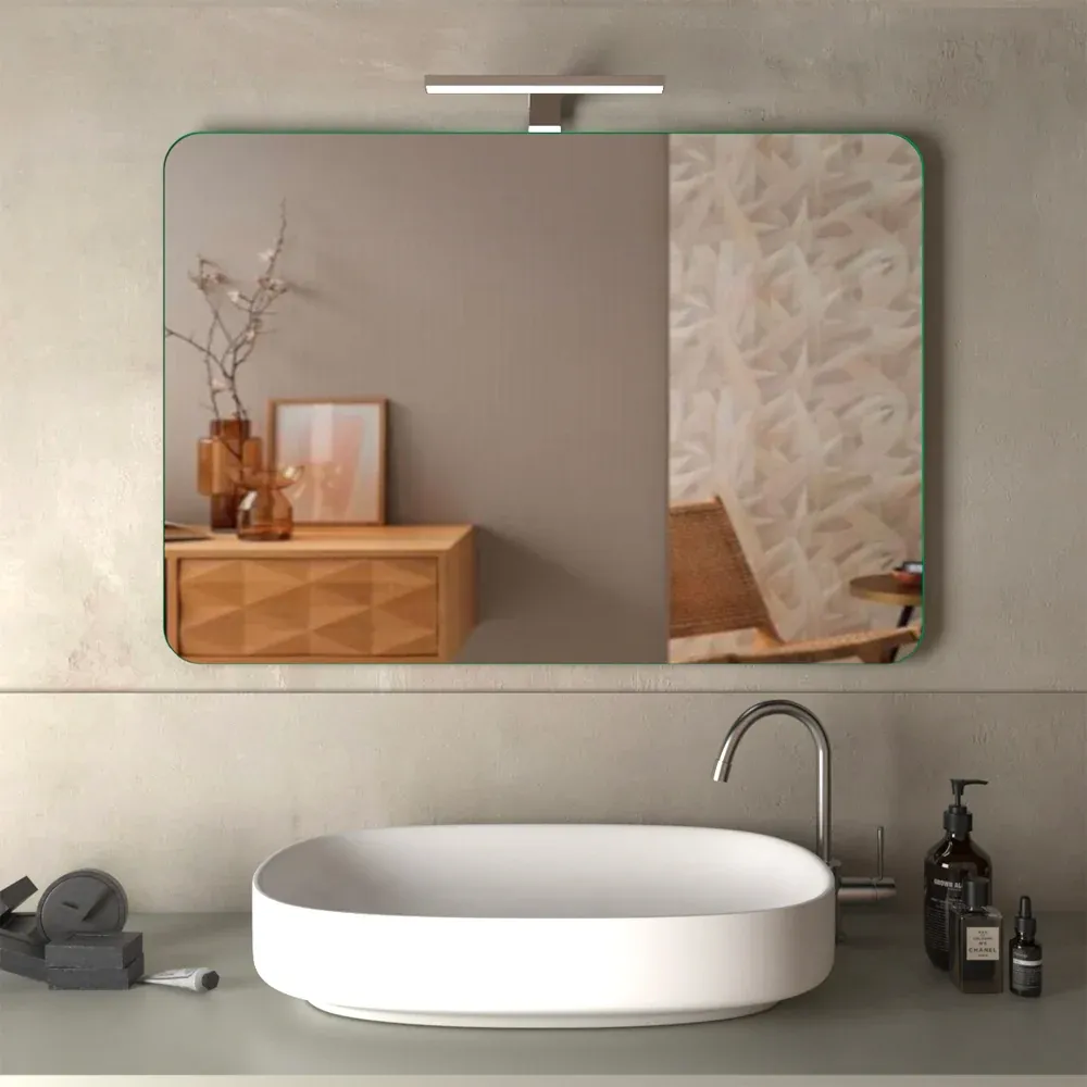 Specchio Filo Lucido Ad Angoli Stondati Con Lampada Led 100 X 70 Cm