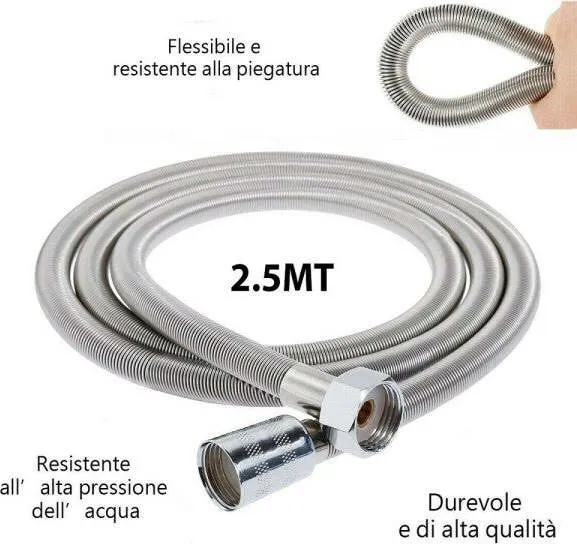 Tubo Flessibile Soffione Doccino Per Doccia Vasca Bagno 2.5mt Acciaio Cromato