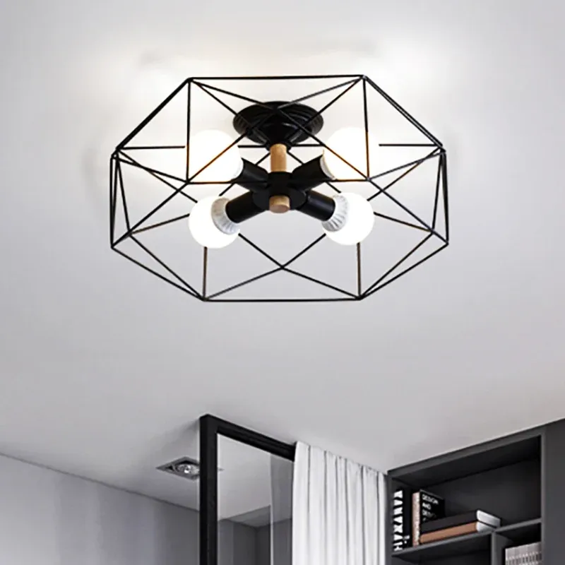 Lampada da soffitto per soggiorno con lampadina industriale semimontaggio vetro opale gabbia bianco/nero