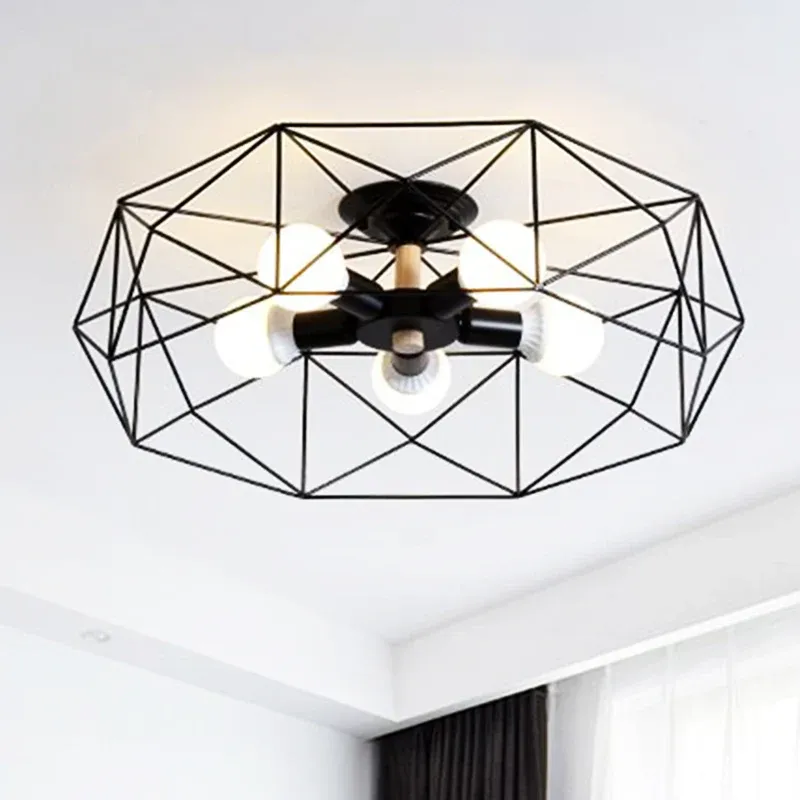 Lampada da soffitto per soggiorno con lampadina industriale semimontaggio vetro opale gabbia bianco/nero