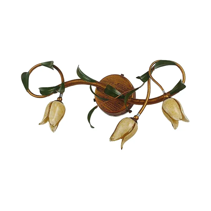Lampada da parete per bagno 3/5 luci vetro rustico con fiore giallo e braccio girevole dorato