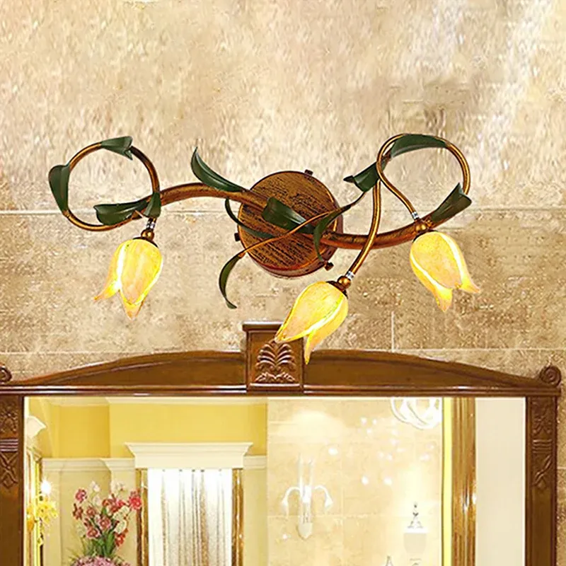Lampada da parete per bagno 3/5 luci vetro rustico con fiore giallo e braccio girevole dorato