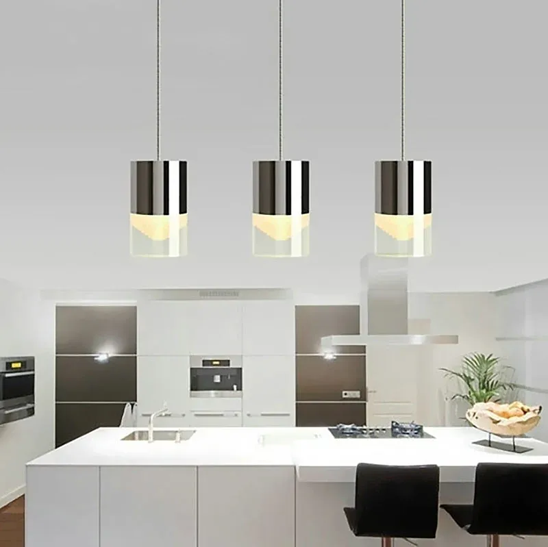 Lampada sospensione cilindro tripla luce Lampada sospensione moderna lineare metallo e vetro cromato per bar