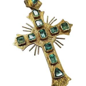 Anello croce stile coloniale con smeraldi colombiani da 2 ct oro giallo