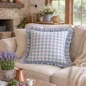 Federa Cuscino Quadri Blu 40x40 cm con Volant Stile Cottage