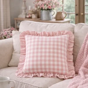 Federa Cuscino Quadri Rosa 40x40 cm con Volant Stile Cottage