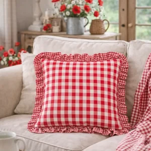 Federa Cuscino Quadri Rosso 40x40 cm con Volant Stile Country