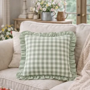 Federa Cuscino Quadri Verde 40x40 cm con Volant Stile Cottage