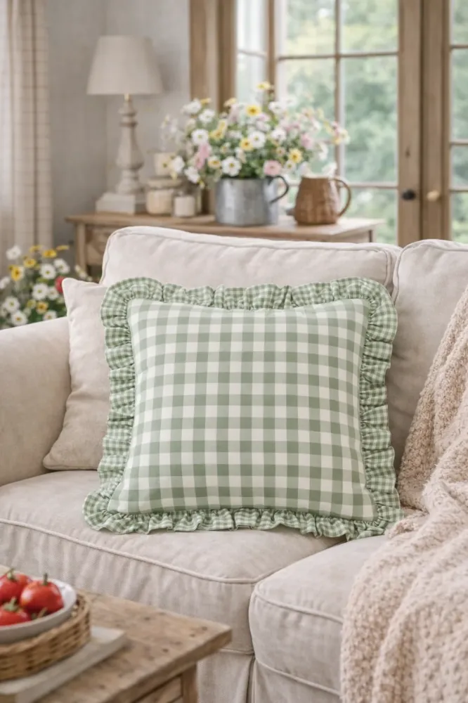 Federa Cuscino Quadri Verde 40x40 cm con Volant Stile Cottage