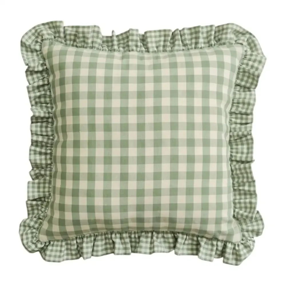 Federa Cuscino Quadri Verde 40x40 cm con Volant Stile Cottage