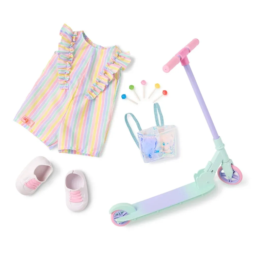 Our Generation Set di vestiti per bambole Deluxe stile estivo con monopattino Ride Rainbow