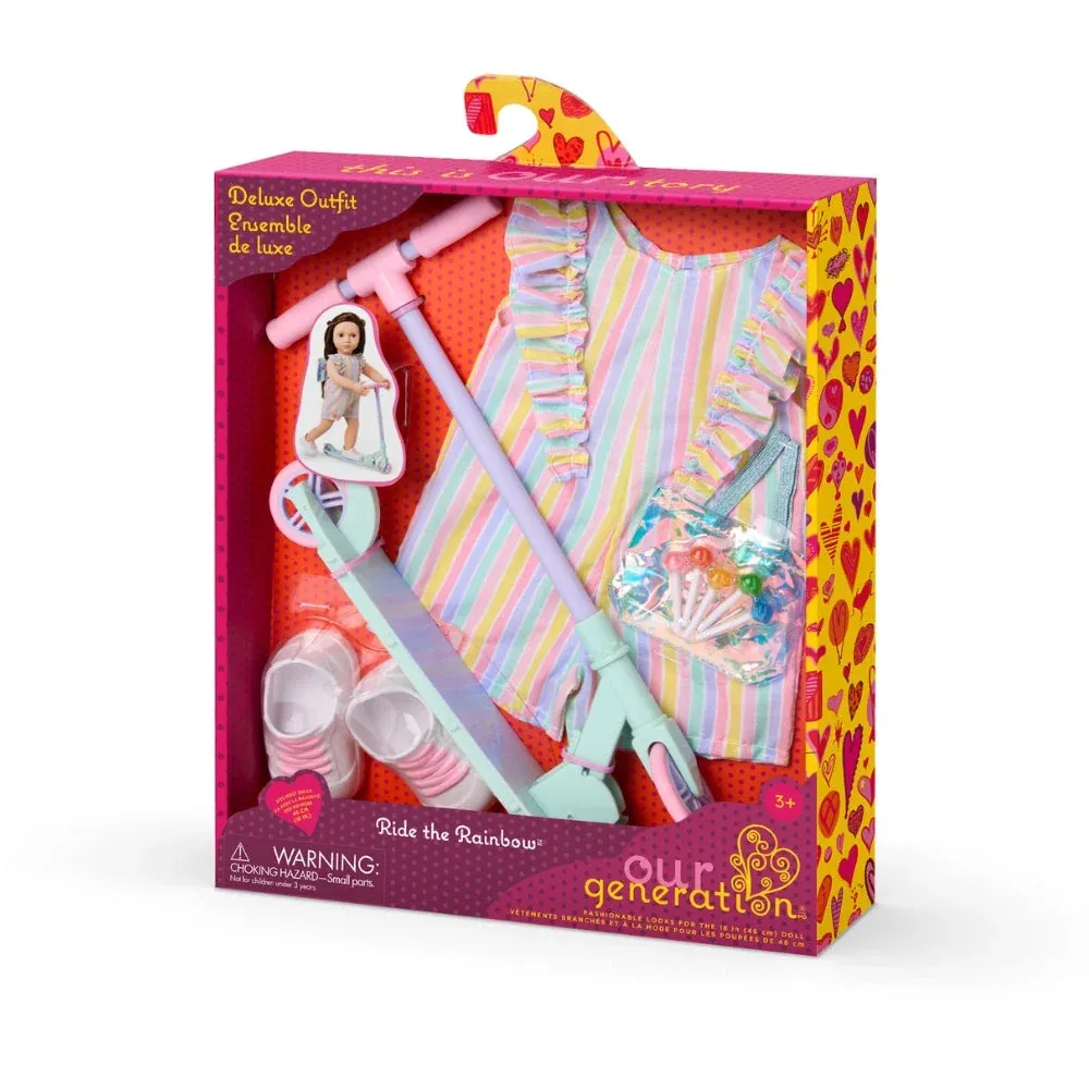 Our Generation Set di vestiti per bambole Deluxe stile estivo con monopattino Ride Rainbow