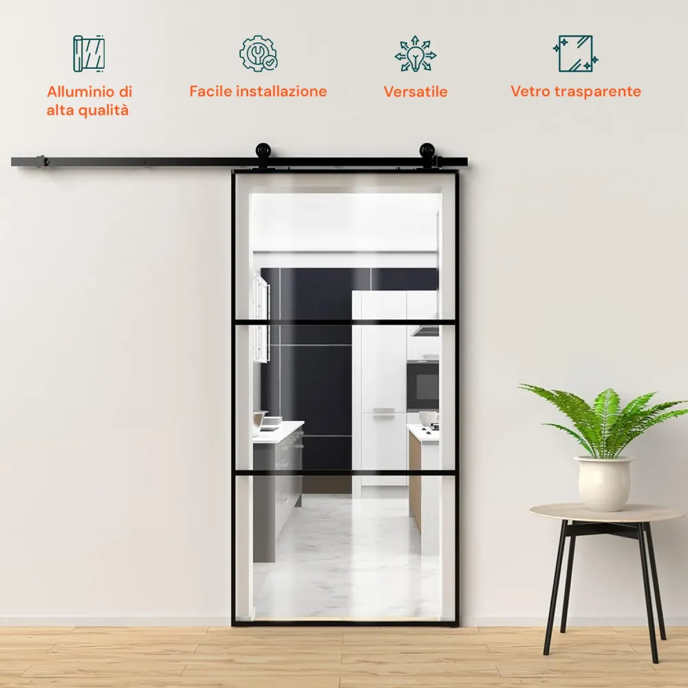 Porta Scorrevole Con Vetro Trasparente E Struttura Alluminio 96x220cm Nero