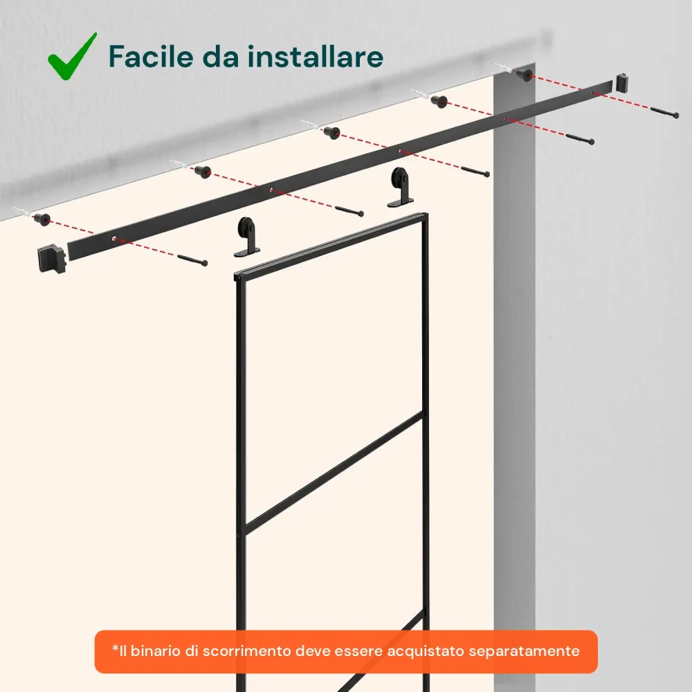 Porta Scorrevole Con Vetro Trasparente E Struttura Alluminio 96x220cm Nero