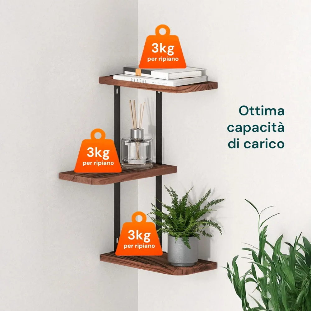 Scaffale Muro 3 Ripiani da 3Kg Max – Stile Rustico con Design Modulare