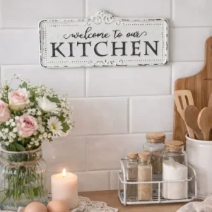 Targa da Parete “Welcome to our Kitchen” Metallo Stile Vintage