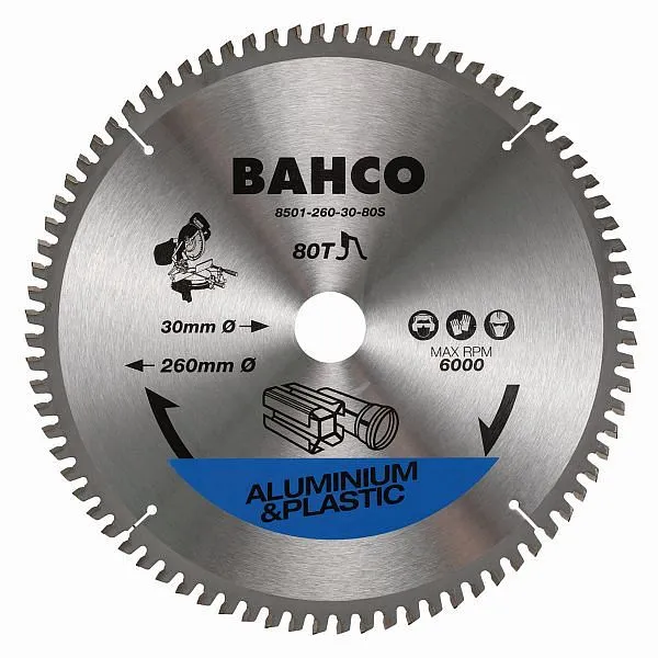 Lama per sega circolare Bahco 260 mm 80 denti diametro interno 30 mm per alluminio e plastica per troncatrici 8501-260-30-80S