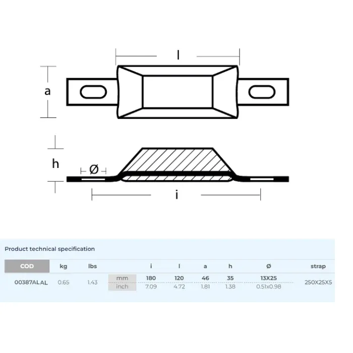 Anodo di alluminio 650g, 180*46*35mm (180mm), foro 13*25mm