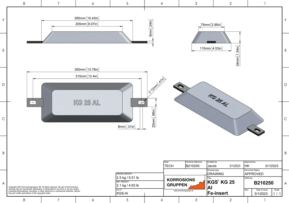Anodo di alluminio TIPO 25 - 265*115*34mm/ 10,43*4,53*1,34in