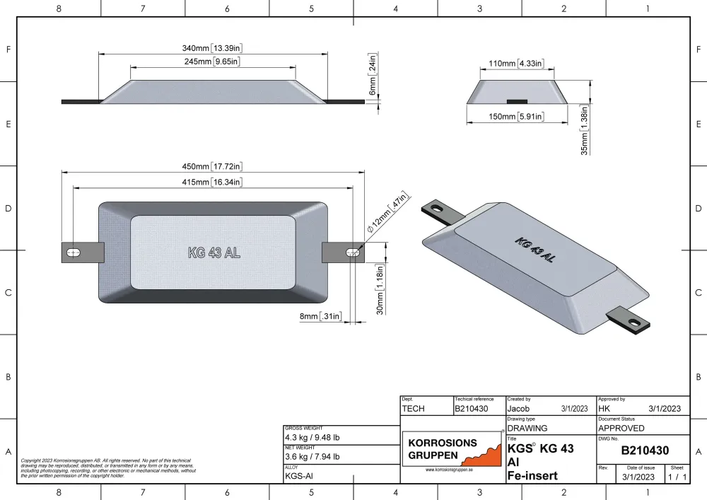 Anodo di alluminio TIPO 43 - 330*150*35