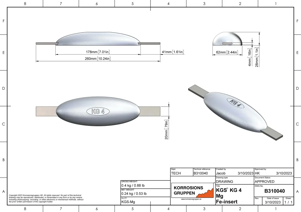 Anodo di magnesio TIPO 4 - 178*62*28, (260 mm), circa 0,4 kg/0,88 libbre. AZ63-1,5VDc
